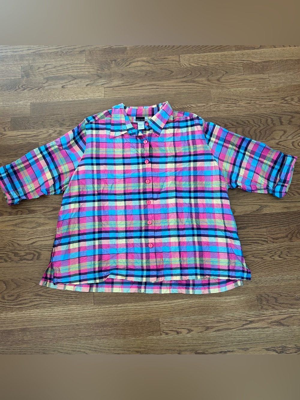 Maggie Barnes Size 24 100% Silk Multicolor Plaid Button Down Shirt Cottagecore